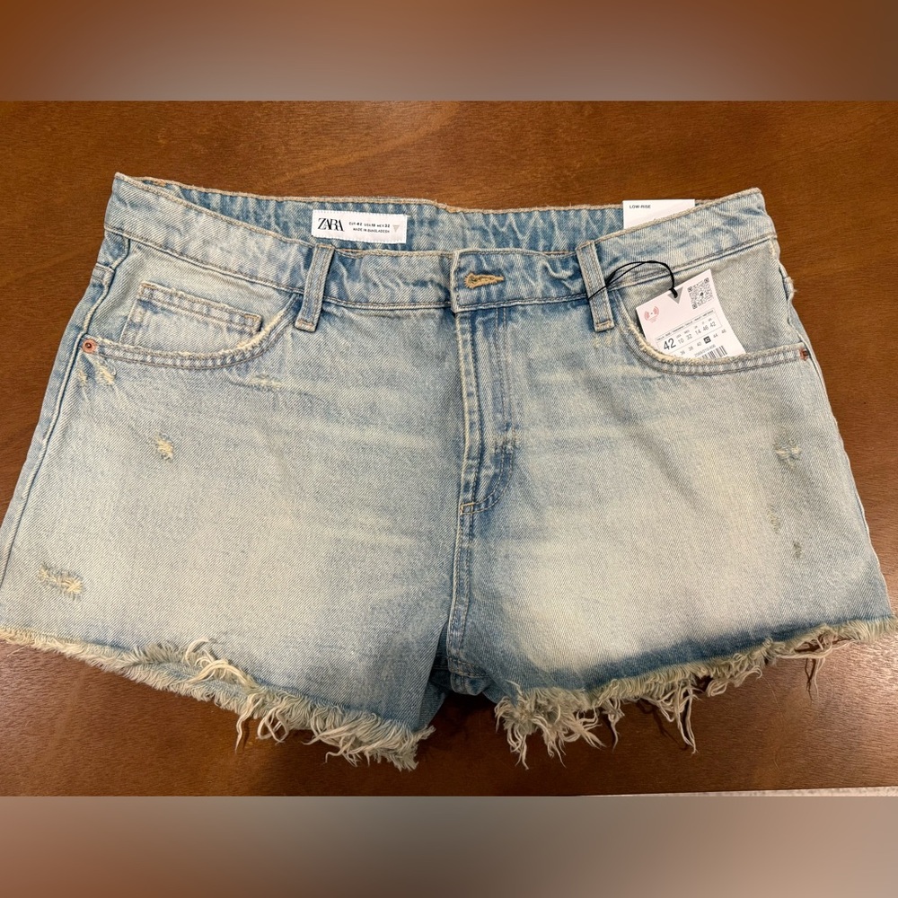 Zara Light Blue Distressed Denim Shorts